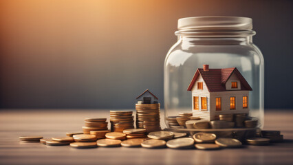 Savings for buying or renting home. Miniature house and coin jar on the table. Rising property values, mortgage rates and high housing tax