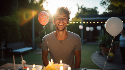 Wall Mural - Happy man celebrates his birthday in the backyard of his home with decorations like cake, candles, balloons and lights.