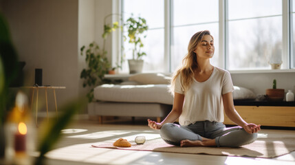 Wall Mural - Young woman practicing lotus asana in yoga studio while meditating and smiling