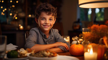 Portrait Of A Boy During Thanksgiving Dinner With His Family