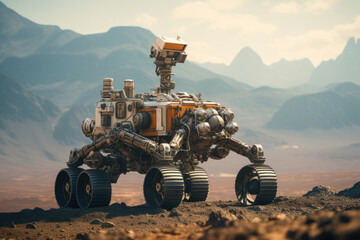 Sticker - A space rover exploring the surface of Mars, searching for signs of life. Generative Ai.