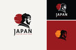 Japan Ancient Warrior Face with Red Sun Moon, Classic Japanese Samurai Ronin Knight Silhouette Logo Design