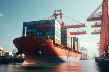 Poster - A picture of a large container ship floating in a body of water. This image can be used to depict international trade, shipping industry, or transportation logistics.