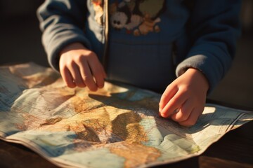 Poster - A child is holding a map on a table. This image can be used to depict exploration, travel, education, or adventure.