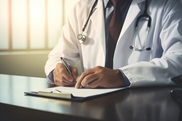 Poster - A doctor is seen writing on a piece of paper. This image can be used to depict a medical professional documenting patient information or prescribing medication.