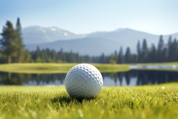 Poster - A golf ball sitting in the grass near a serene lake. Suitable for sports and outdoor-related designs.