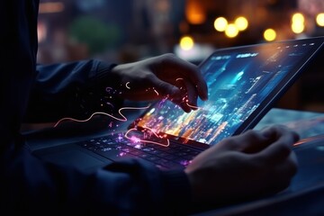Poster - A person is seen typing on a laptop with a glowing screen. This image can be used to illustrate concepts related to technology, work, productivity, or online communication.