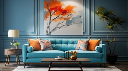 Wall Mural - Interior of a living room with a blue sofa