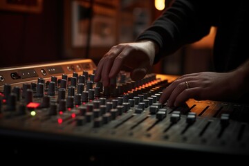Aufkleber - A close-up view of a person's hands on a sound board. This image can be used to depict music production, audio engineering, or recording studio equipment.