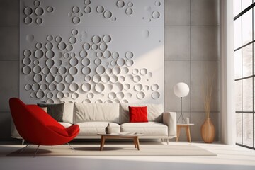 Poster - A modern living room with a white couch and a vibrant red chair. This image can be used to showcase contemporary interior design or as a backdrop for furniture advertisements.