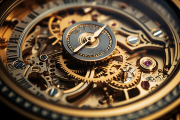 Poster - a close-up of gears and cogs turning inside a vintage industrial clock. concept of precise timekeepi
