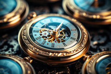 Poster - a collection of antique pocket watches, their delicate mechanisms frozen in time. concept of horolog