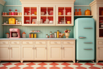 Poster - A 1950s-style kitchen with pastel-colored appliances and checkered floors. Concept of retro home design. Generative Ai.