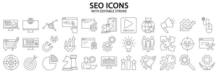 SEO icons. Set icon about SEO. SEO line icons. Search Engine Optimization. Vector Illustration. Editable stroke.