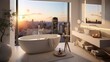 Modern bathroom with a freestanding bathtub in a penthouse, with a beautiful view of the city's skyscrapers.