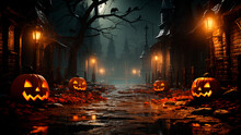 Pumpkins In Graveyard Near Old Brick Road In The Halloween Night, Generative AI
