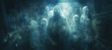 Fototapeta Koty - Floating glowing ghost in a dark spooky interior 