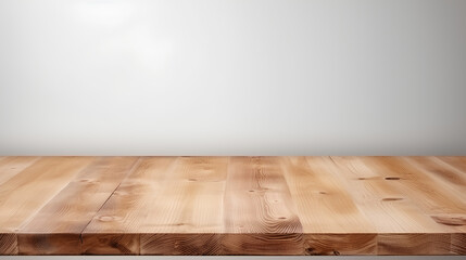 Wall Mural - Empty brown wooden table over white concrete wall background. For product display montage.