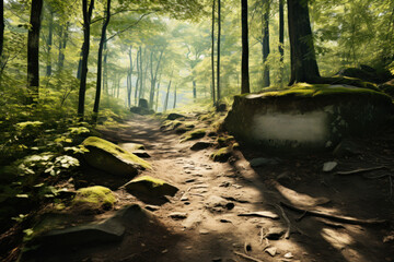 Wall Mural - A forest trail adorned with positive affirmations, inviting hikers to reflect on mental well-being. Concept of nature's role in mental health. Generative Ai.