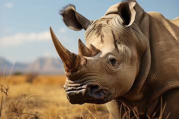 Wall Mural - A critically endangered Northern white rhinoceros, one of the last of its kind, under protection in a wildlife sanctuary. Generative Ai.