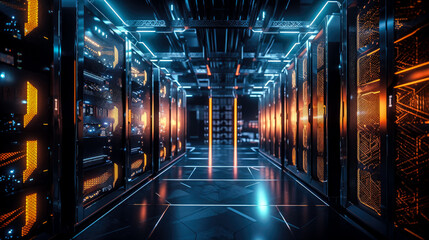 Poster - Dark server room with glowing lights