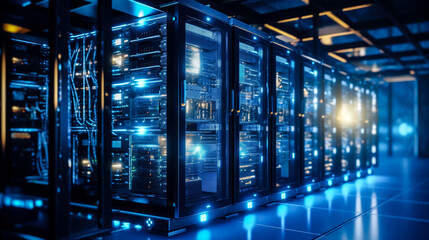 Poster - Dark server room with glowing lights