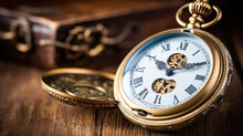 Vintage Pocket Watch On A Wooden Background. Time Is Money.