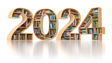 Poster - Happy 2024 new year education concept. Bookshelves with books in the form of text 2024.