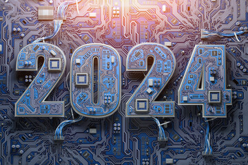 Poster - 2024 on circuit board or motherboard with cpu. Computer technology and internet commucations digital concept background. Happy new 2024 year.