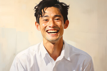 Happy asian man laughing and looking at the camera with white background