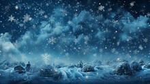 Winter Background With Snowflakes Close-up And Blue Tint, Snow-covered Trees, Free Copy Space, Cold Time, Concept: Landscape Splash Screen