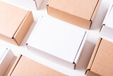 Fototapeta Lawenda - Lot of cardboard box, brown and white, mockup