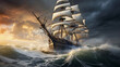 stormy ocean scene, tall ship struggling against towering waves, dramatic sky with dark clouds, sense of danger