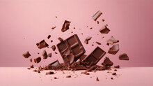 Broken Chocolate Bar Pieces Falling On Pink Beige Background