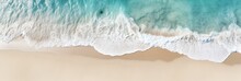Overhead View Of Beautiful Crystal Water Waves Washing Onshore On A Pristine Beach, Sunny Day. Tropical Shoreline. Aerial Drone Like View. Generative AI.
