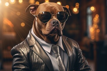 Poster - A stylish dog is seen wearing a leather jacket and tie. This image can be used to represent fashion-forward pets or as a humorous illustration for animal-themed designs.