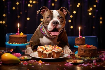 Wall Mural - A cute dog sitting in front of a cake with candles. Perfect for birthday celebrations and pet-themed events.