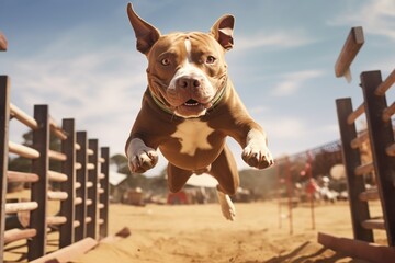 Poster - A brown and white dog captured mid-air while jumping over a fence. This image can be used to depict agility, freedom, and overcoming obstacles.