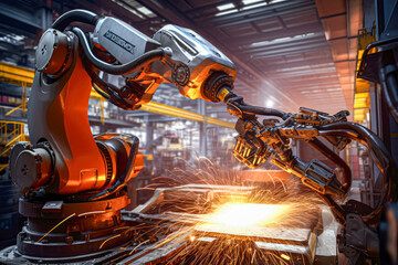 Poster - Industrial robot welding metal in a factory. Automation industry concept