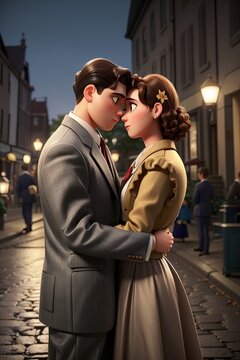 1950s Nostalgic Love Story: Melancholic Embrace of a Young Couple in Vintage Attire, Set Amidst Cobblestone Streets and Antique Street Lamps, cartoon style