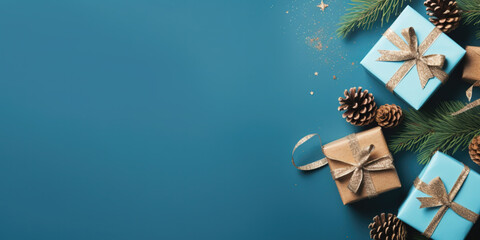 Wall Mural - Christmas and new year background - gift boxes, pine cones and branches on blue background with copy space