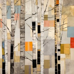 Abstract colorful geometric illustration of birch trees, birch tree forest, square aspect ratio. Generative AI.
