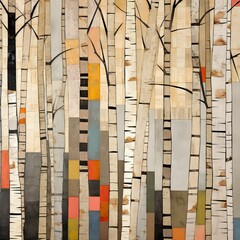 Abstract colorful geometric illustration of birch trees, birch tree forest, square aspect ratio. Generative AI.

