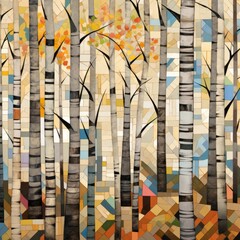Abstract colorful geometric illustration of birch trees, birch tree forest, square aspect ratio. Generative AI.
