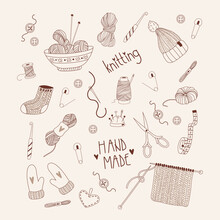 Set of knitting and sewing tools and accessories in doodle style. Hand drawn collection