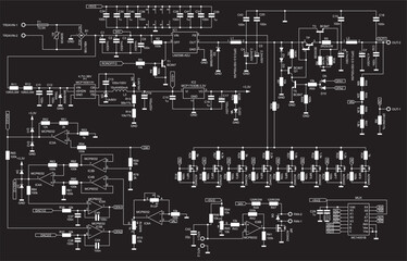 Wall Mural - Schematic diagram of electronic device. 
Vector drawing electrical circuit with 
 resistor, transistor, diode, coil, 
led, power unit, integrated circuit.