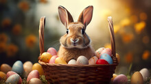 A Bunny At Easter, Clutching A Basket Filled With Eggs