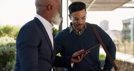 Poster - Outdoor, business people and men with a tablet, conversation and talking with connection, company website and email. Staff, manager and employee with technology, outside and internet with digital app
