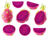 Collection of cut purple fleshed dragon fruits cutout