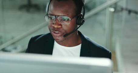 Poster - Business man, call center and computer for technical support, information technology solution and services. African tech consultant talking and helping in virtual network, software or night advice